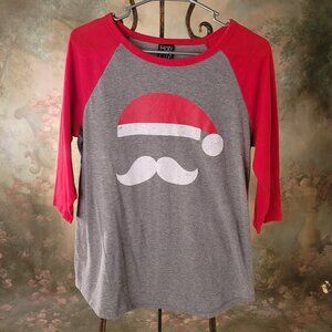 Ladies Santa Face Christmas Raglan T-shirt Modern Lux Space Gray Red Sleeves XL